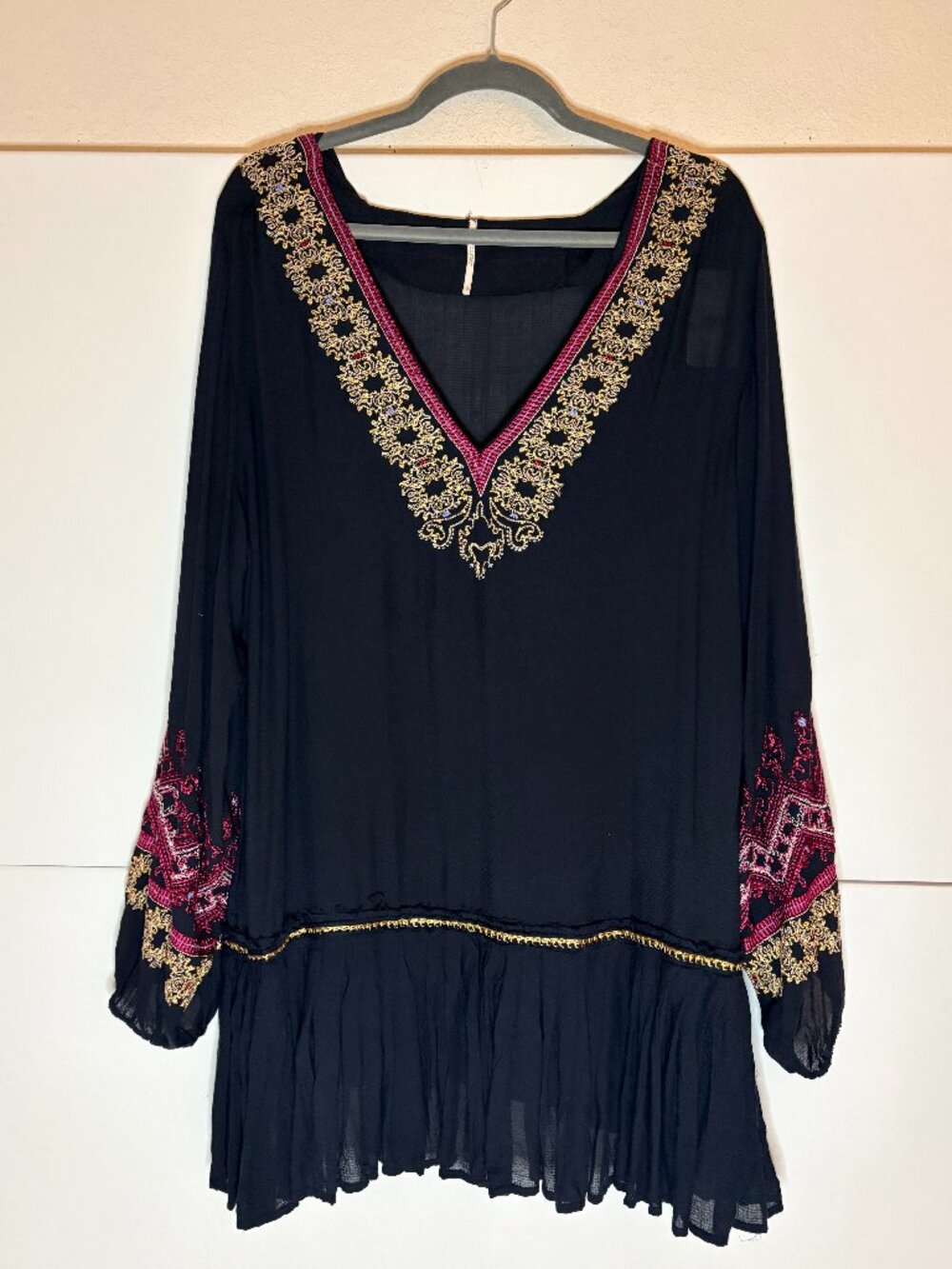 FREE PEOPLE Woman Wild One Black Red/Gold Embroidered Sheer Tunic Dress Size S
